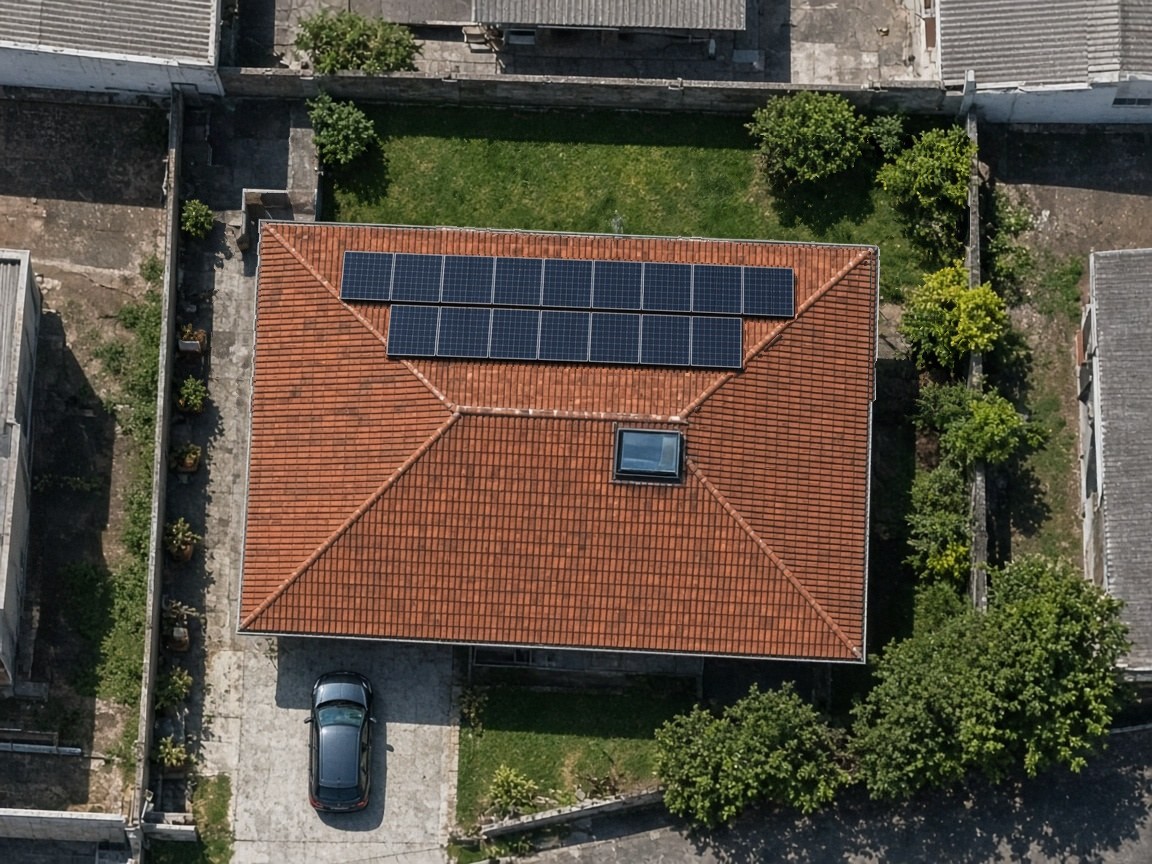 Telhado visto de cima no mapa, com painéis solares instalados