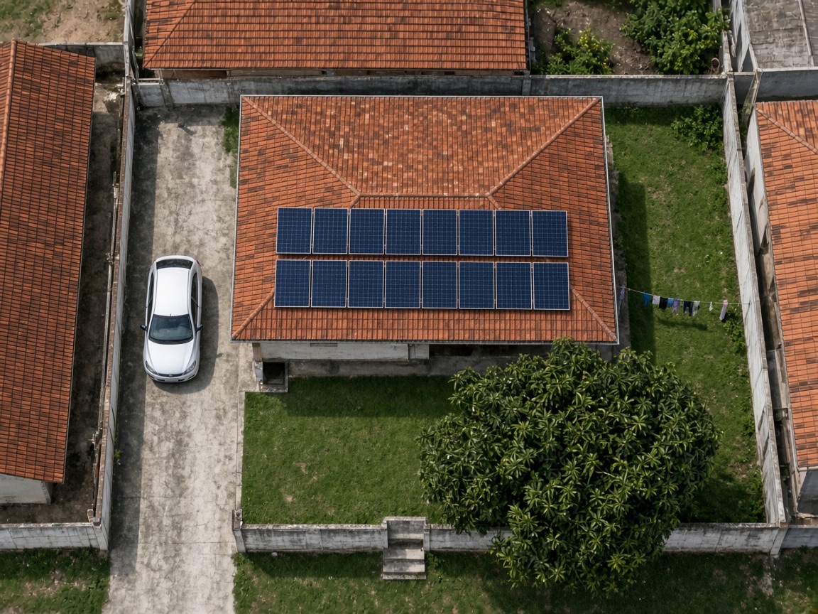 O mesmo telhado de duas águas com fileiras de painéis solares na água maior