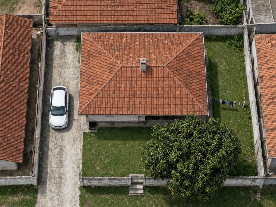 Telhado cerâmico de duas águas visto de cima, ainda sem painéis solares