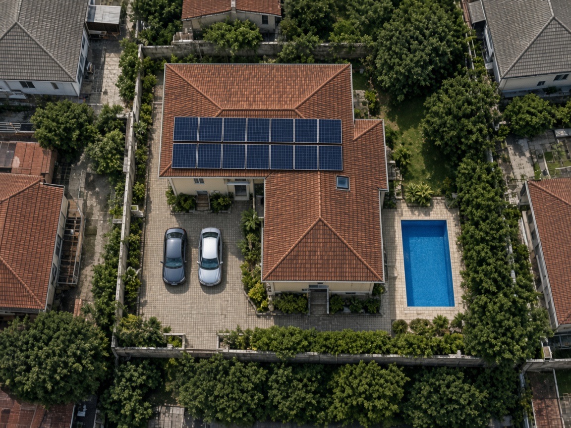 A mesma casa em L com painéis solares nas águas mais abertas do telhado