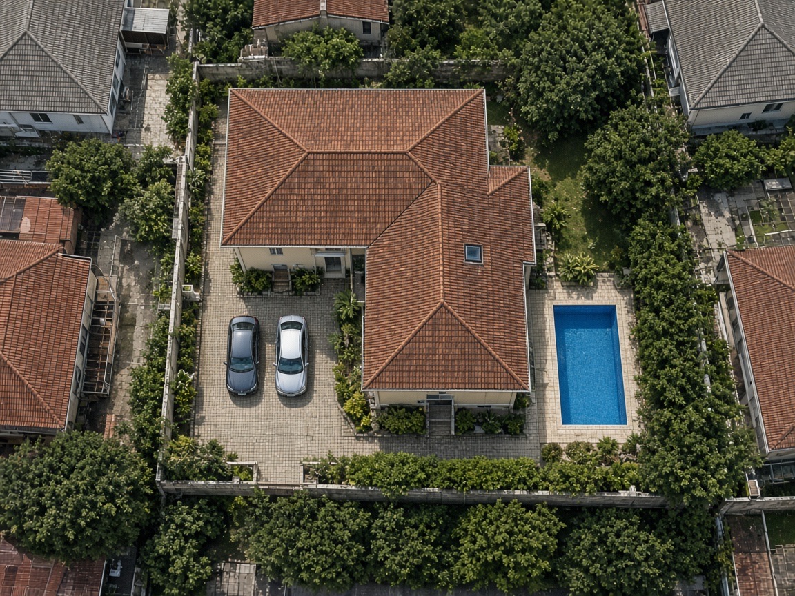 Casa em L com telhado cerâmico e piscina, ainda sem painéis solares