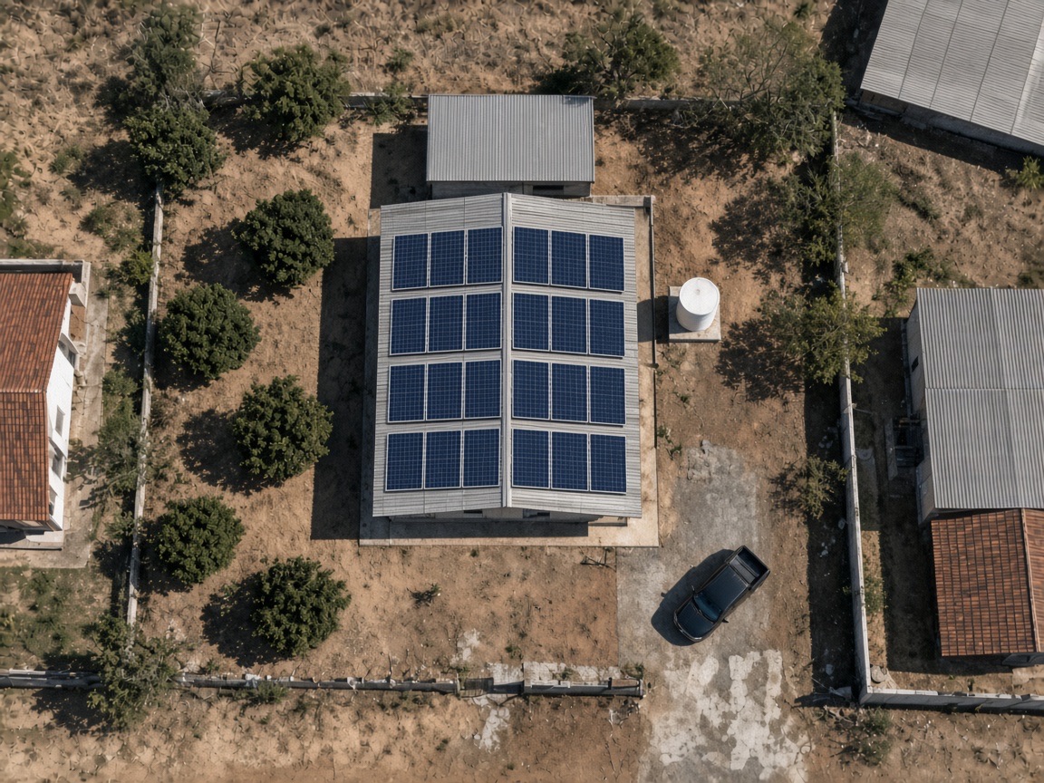 O mesmo telhado metálico com painéis solares alinhados nas nervuras da telha